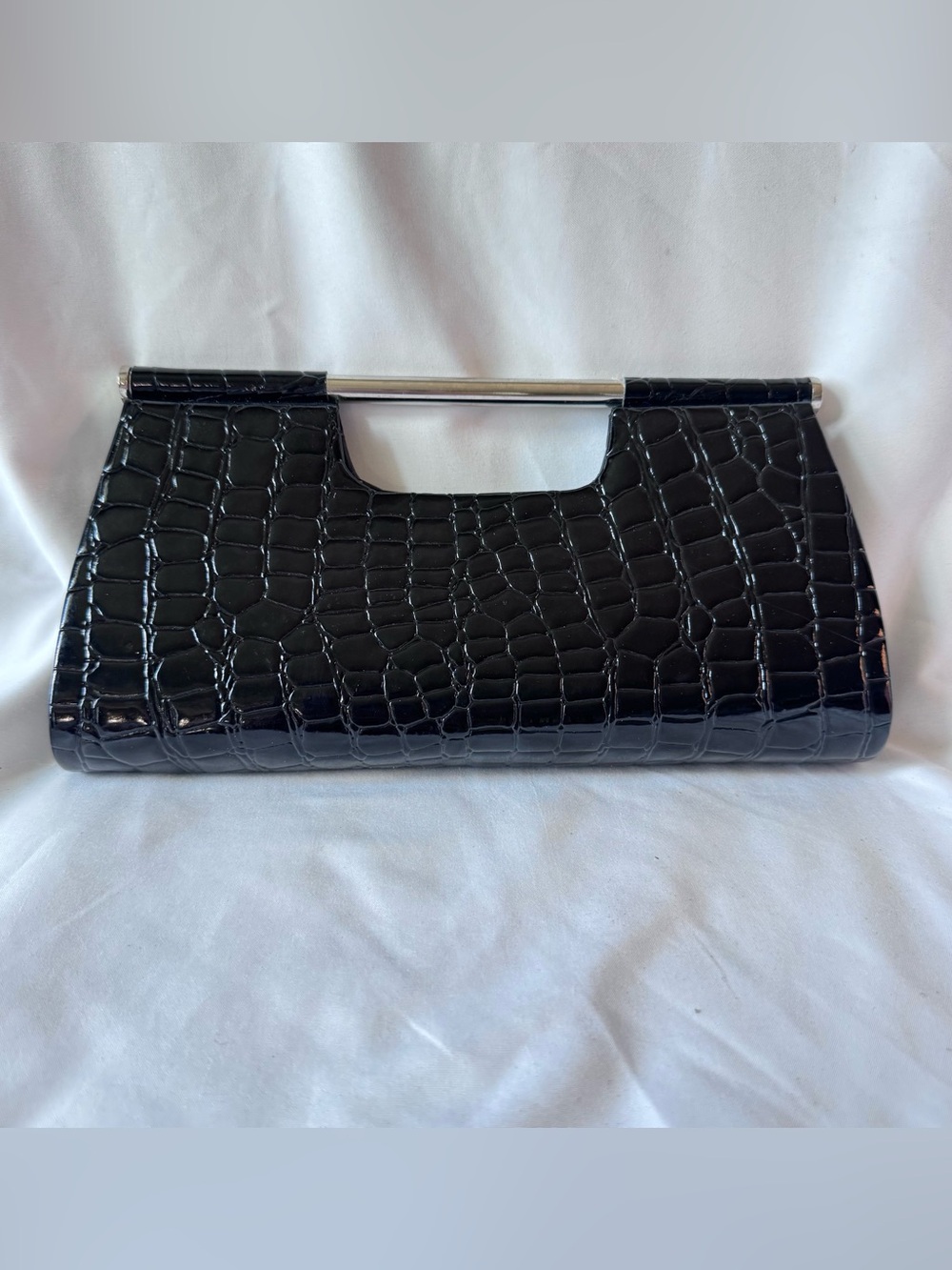 La Regale Black Patent Faux Croc Clutch Top Handle Silver Tone Hardware Purse